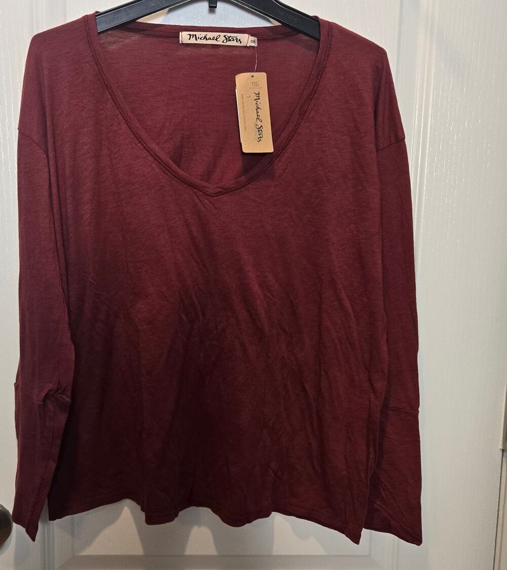 NWT Michael Stars long sleeve cuffs V neck OS malbec
